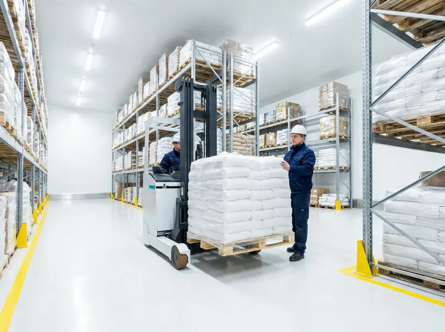 Grúa horquilla moviendo un pallet de sacos en la bodega