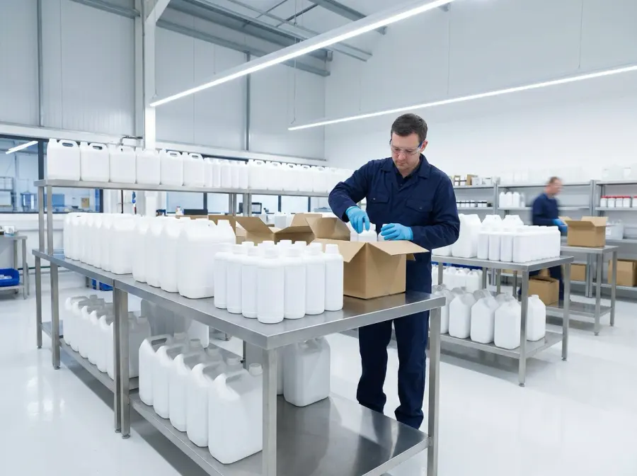 Área de preparación de pedidos con bidones y botellas etiquetadas